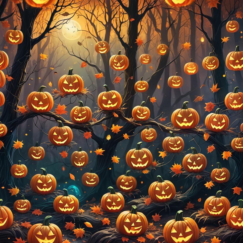 Rainbow Jack-o'-lanterns in Mystical Autumn Forest