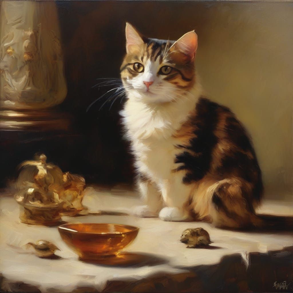 Victorious Cat in Baroque Still Life Oil Painting