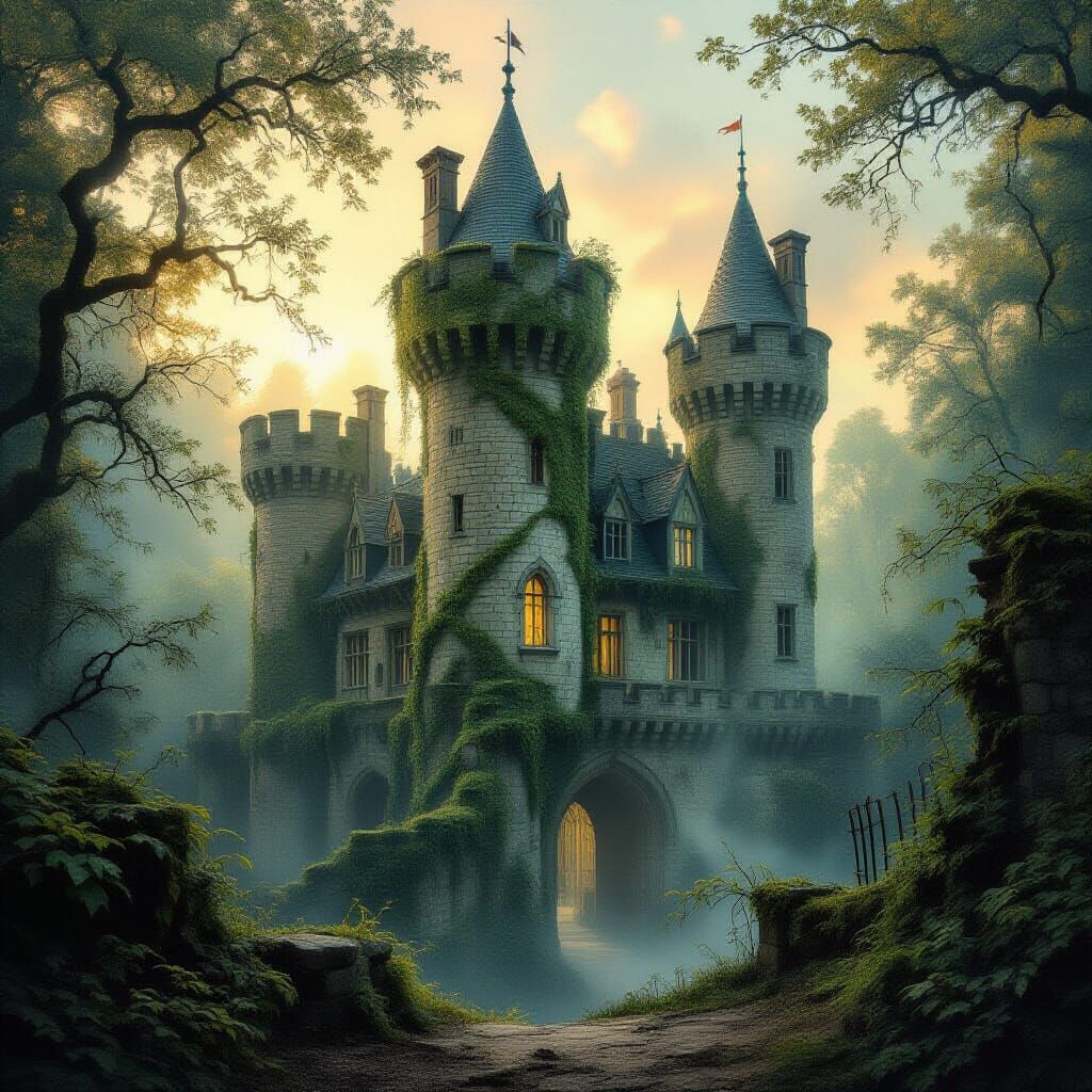 Ancient Castle Reclaimed by Nature in Ethereal Watercolor