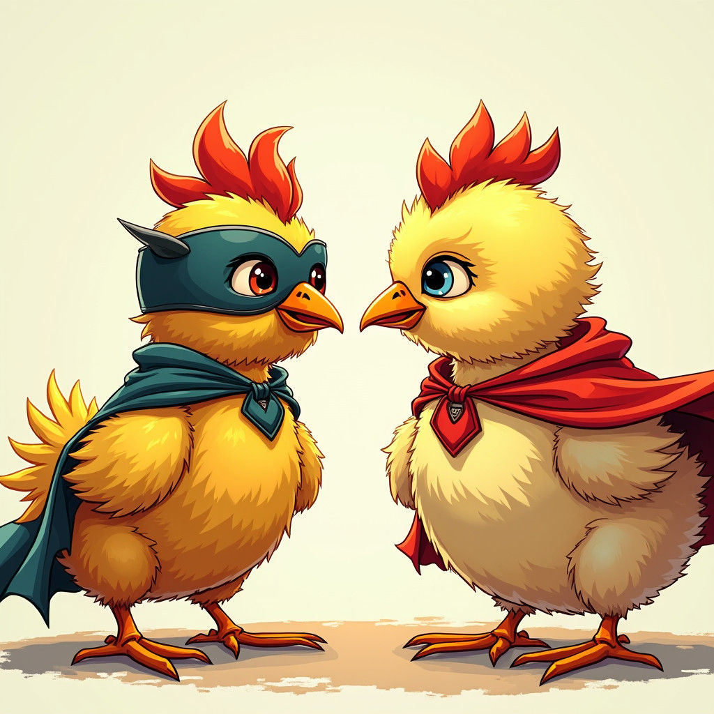 Baby Chicken Superhero vs Villain in Comic Book Style