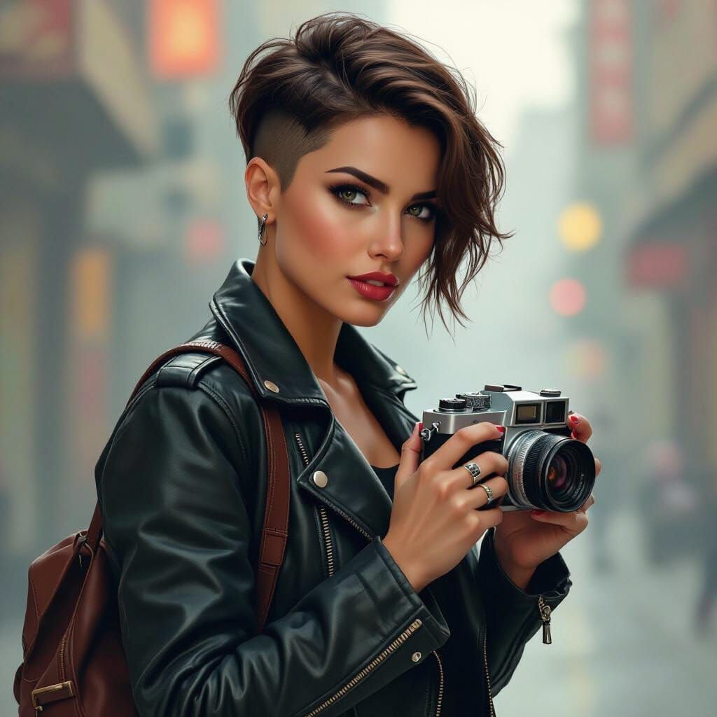 Woman with Camera in Gritty Film Noir Style