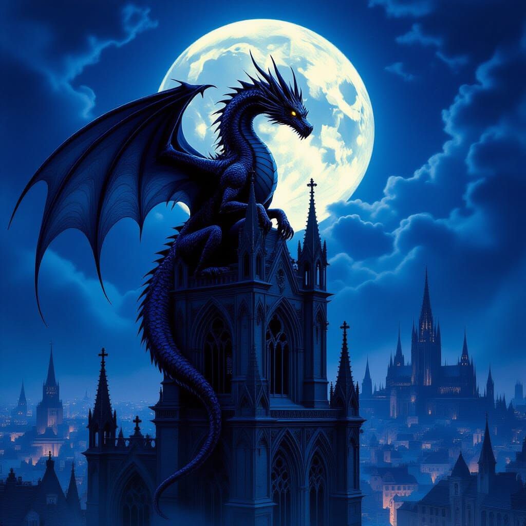 Obsidian Dragon on Gothic Cathedral Spire