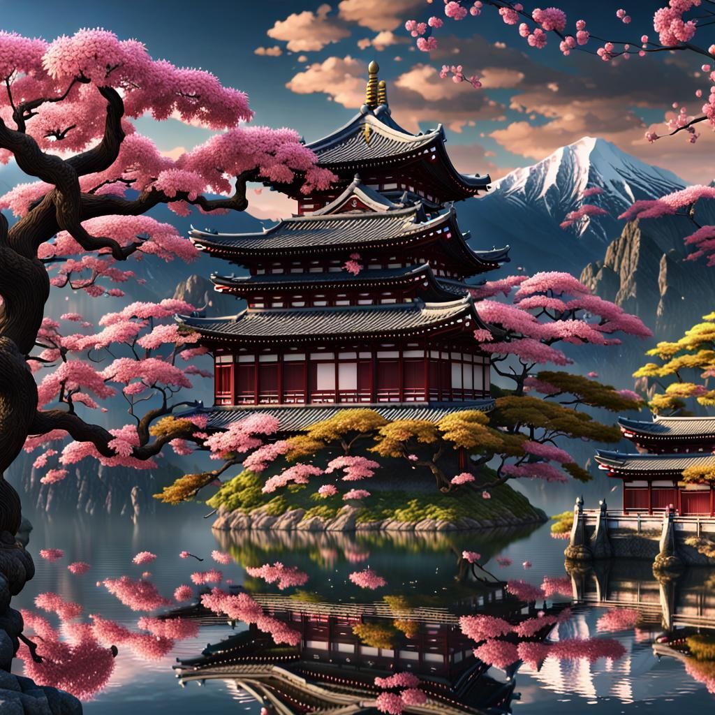 Sakura Tree by Lake with Japanese Temples