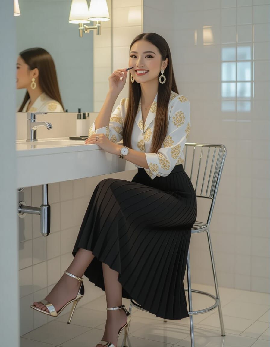 Asian Woman Applying Makeup in Luxurious Bathroom