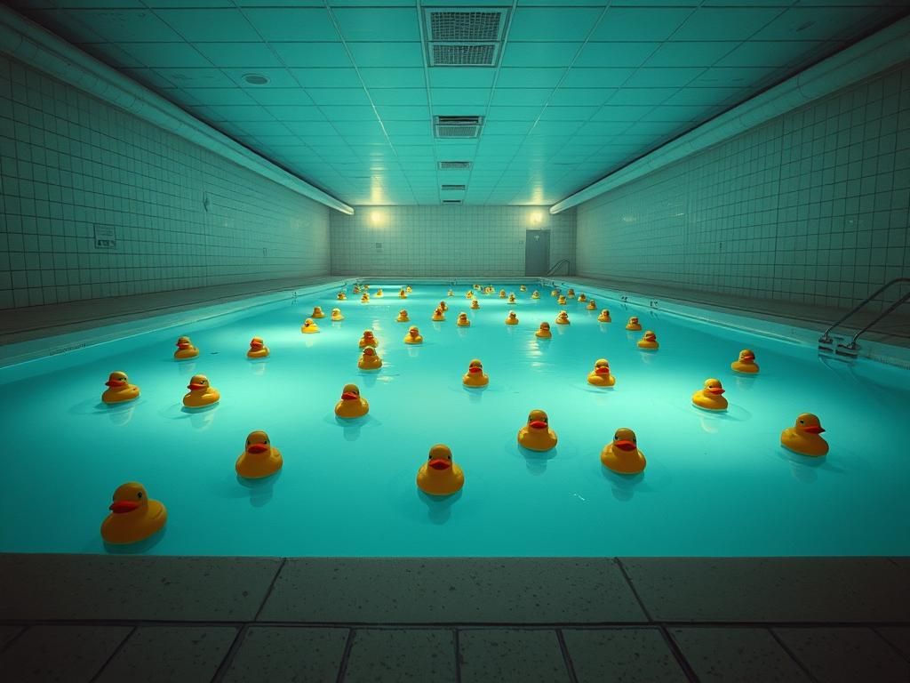 Eerie Retro Pool with Rubber Ducks in Surreal Style