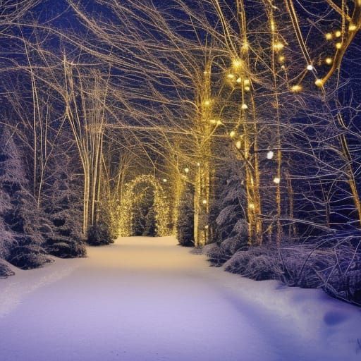 Woodland Path Lit by Christmas Lights