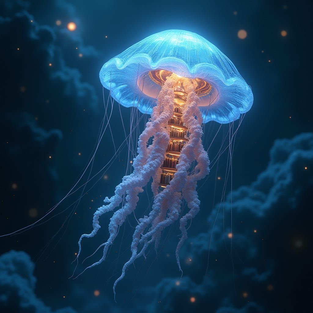 Bioluminescent Jellyfish Drifting Through Nebula in Cubist S...