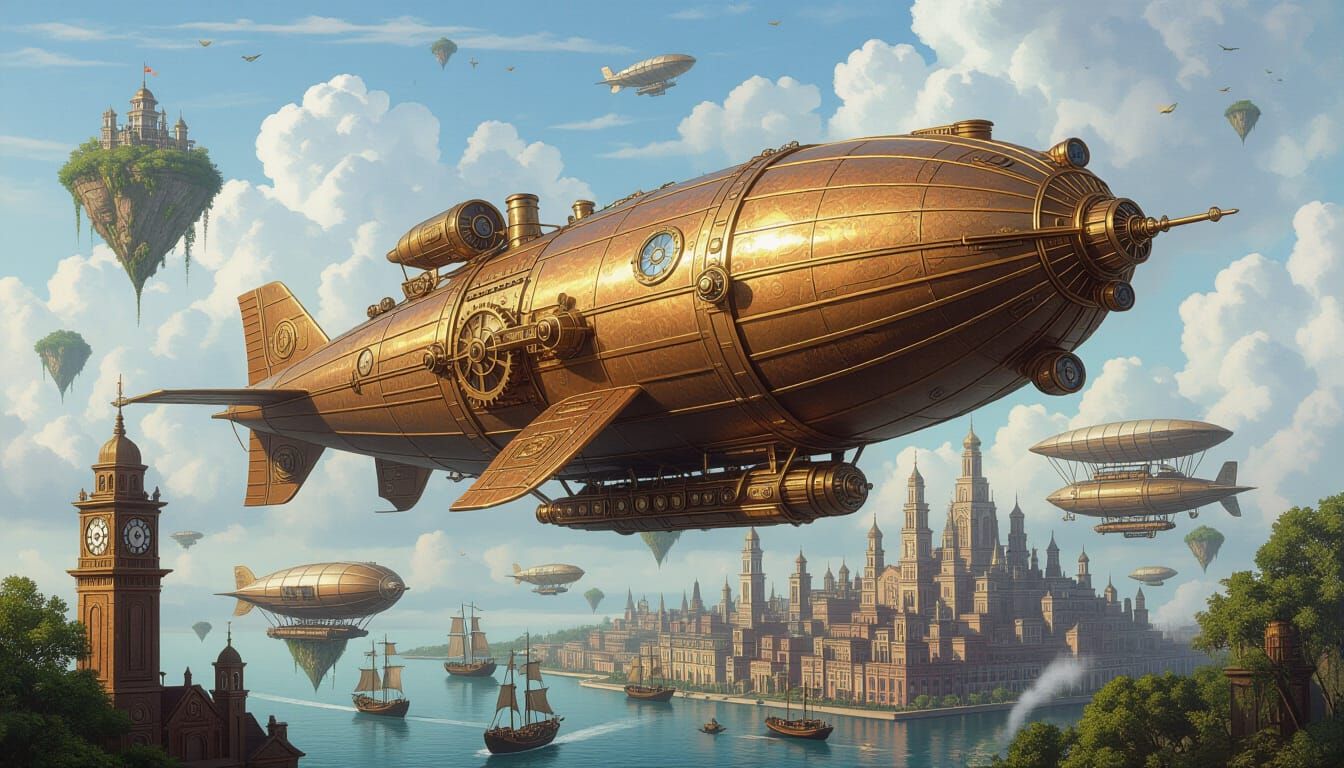 Steampunk Mechanical Whale Airship Over Victorian City