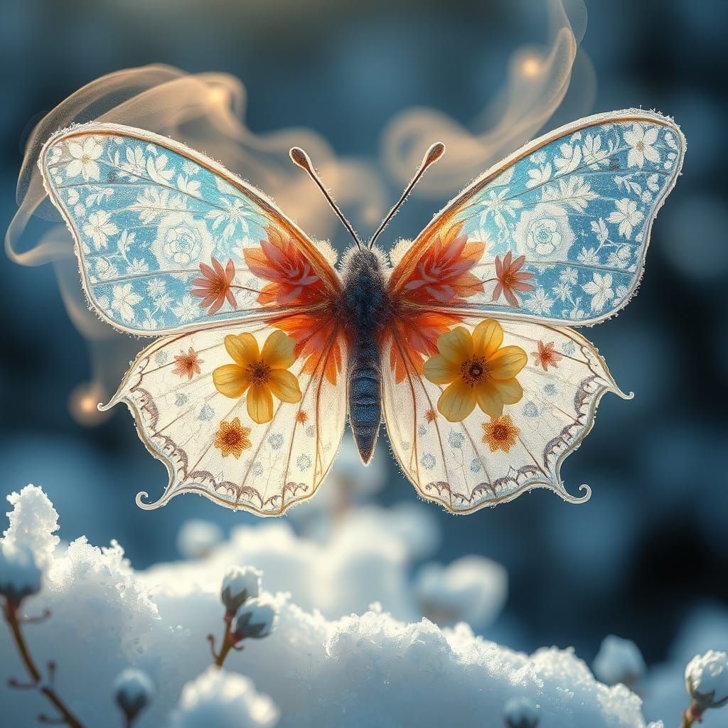 Majestic Winter Spring Butterfly in Serene Snow-Covered Gard...