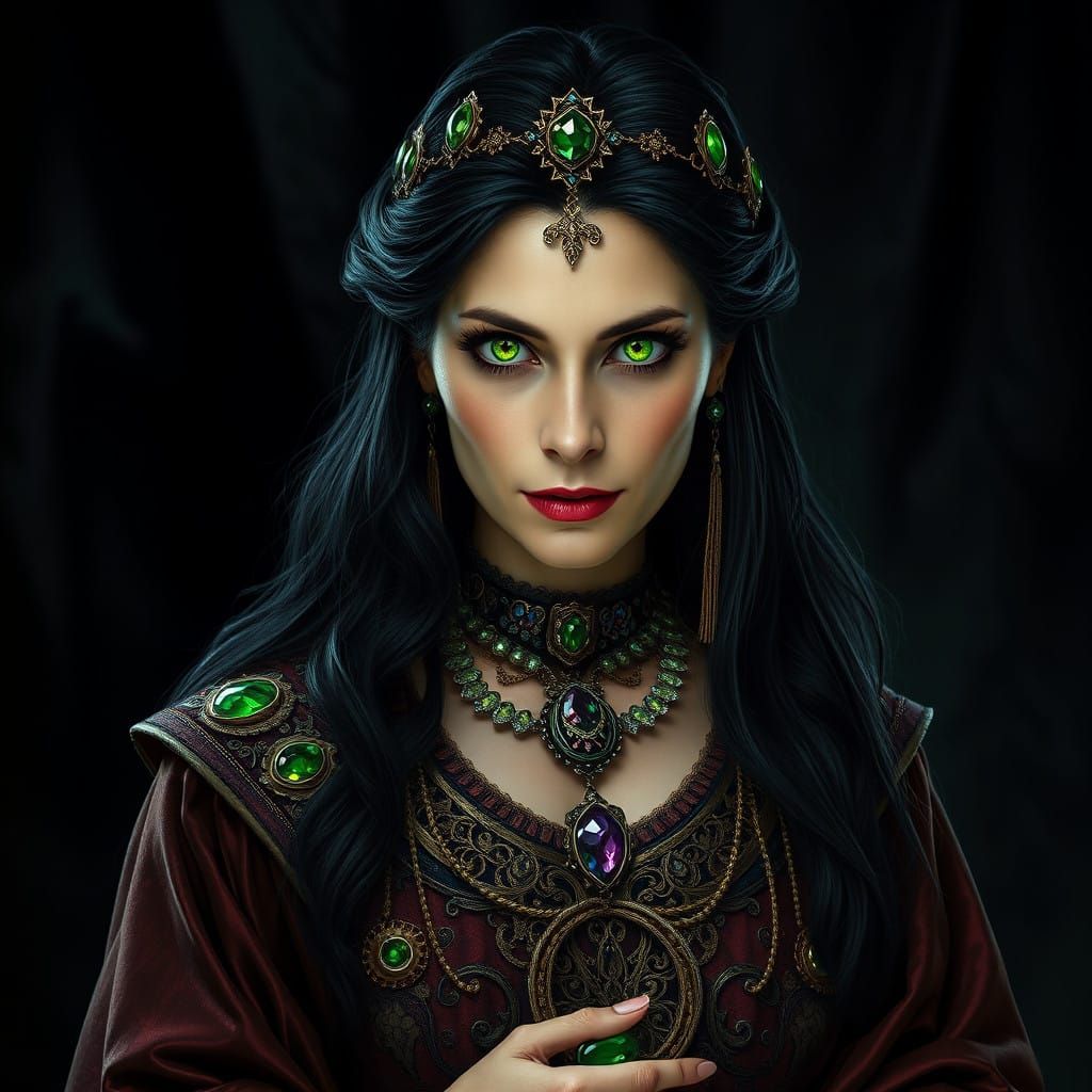 Regal Queen Sorceress with Ethereal Eyes in Mystical Attire