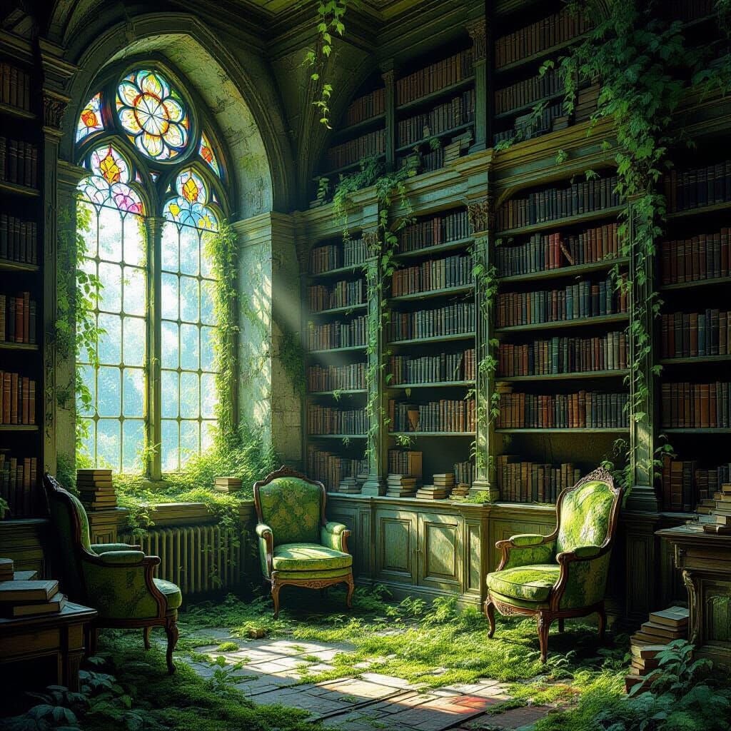 Ancient Library Reclaimed by Forest in Impressionistic Style