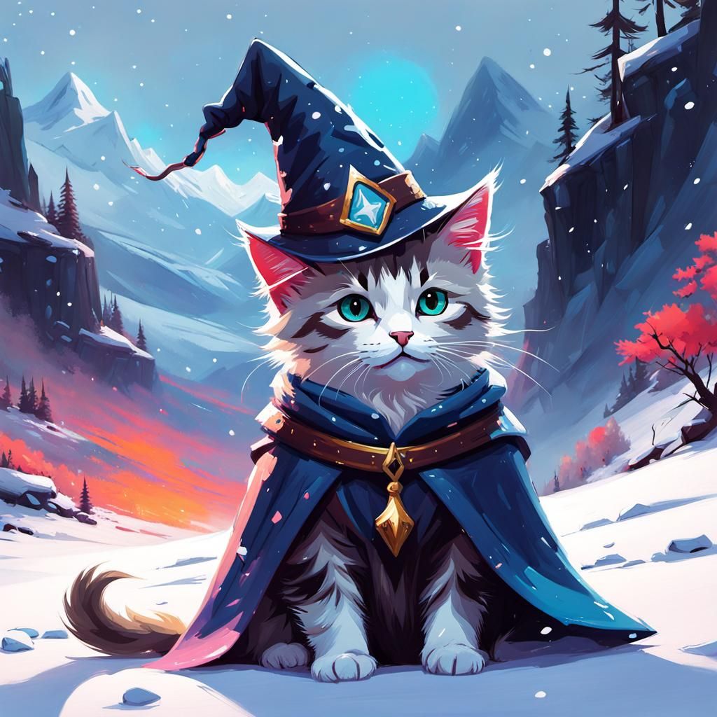 Kitten Wizard in Snowy Highlands: Gouache Painting