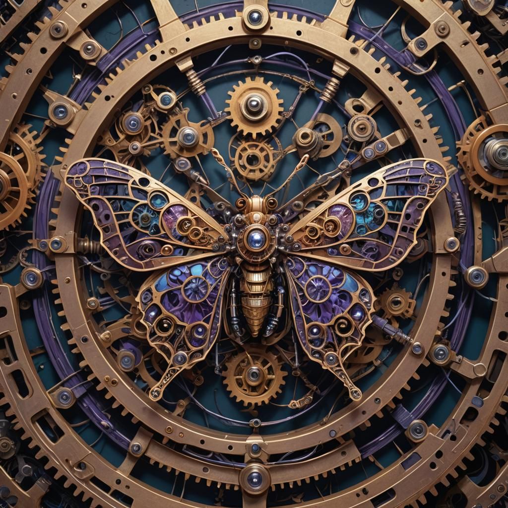 Cyborg Moth in a Circle of Gears: Surreal Art