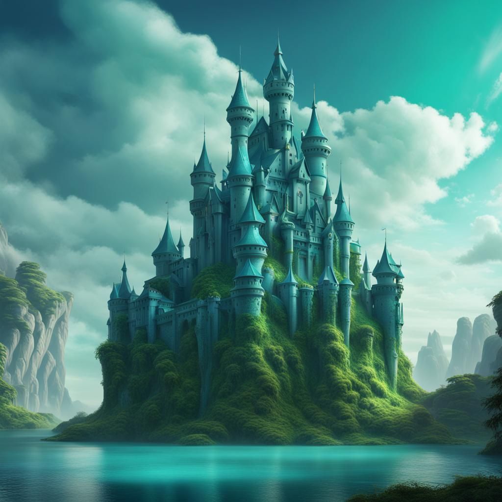 Ethereal Blue and Green Castle: Detailed Matte Painting