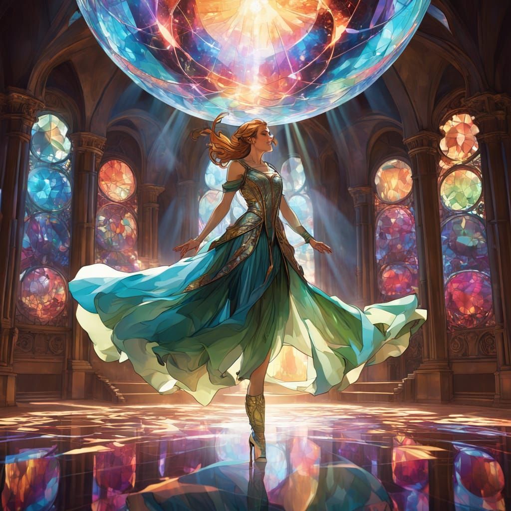 Young Woman in Prismatic Glass Dress on Disco Floor