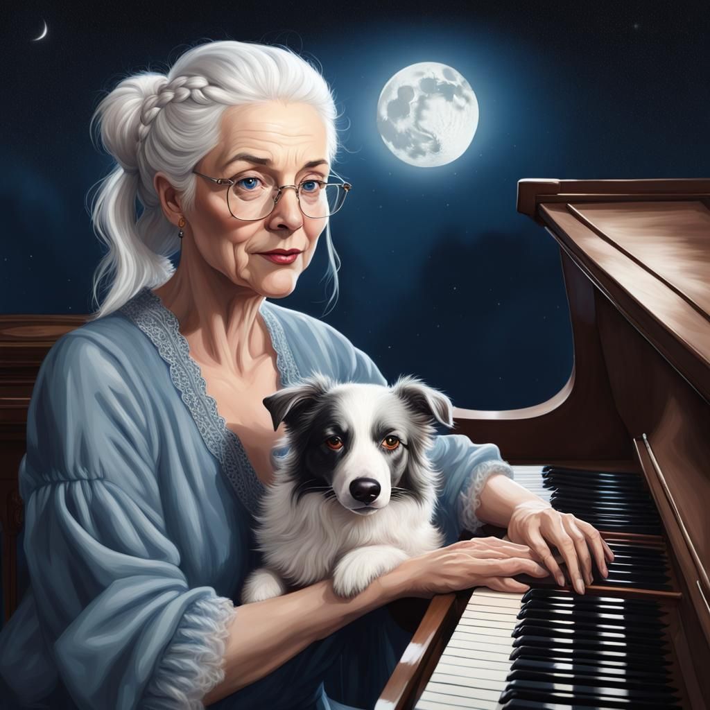 Mature Woman Plays Piano by Moonlight