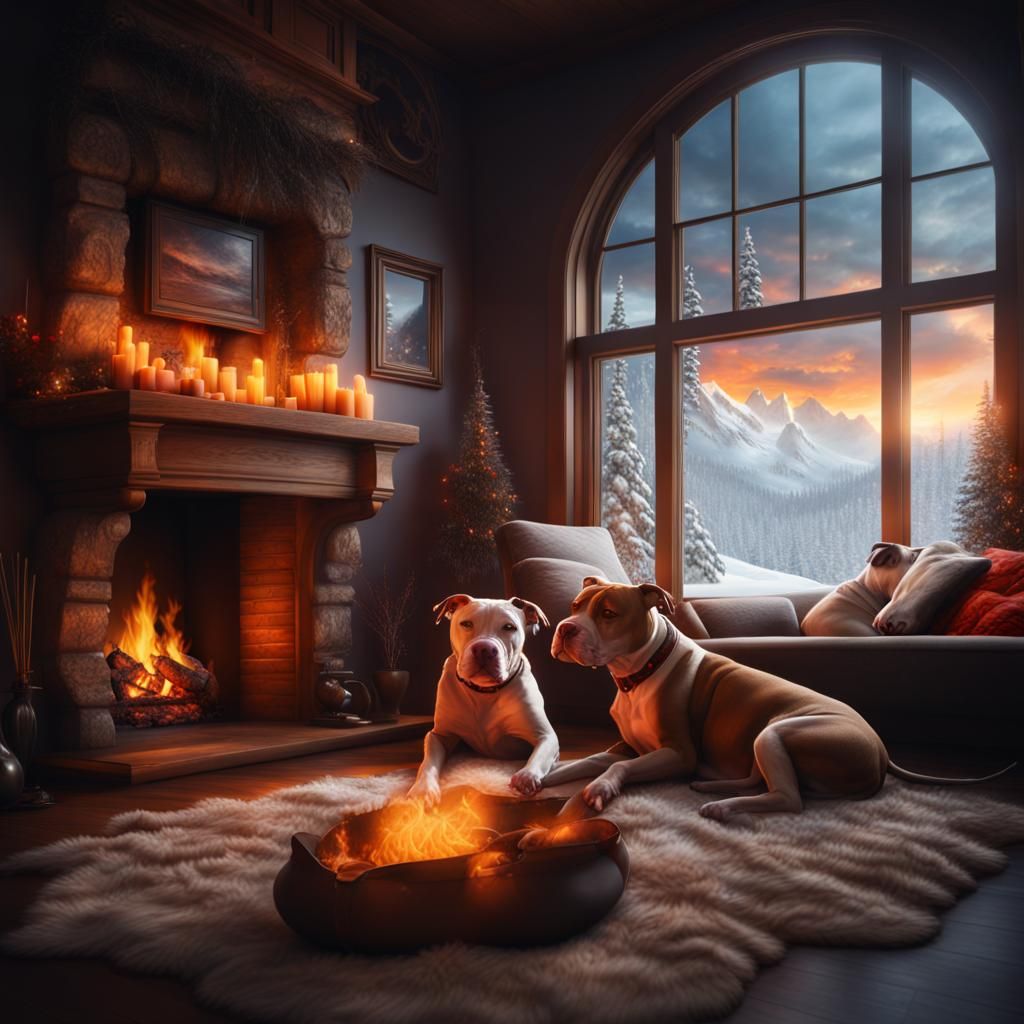 Cozy Fireplace with Pitbulls in Winter Landscape