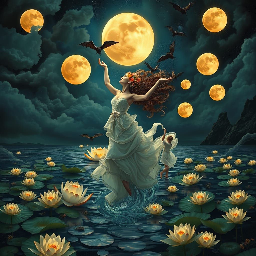 Ethereal Woman Dancing Under Surreal Ocean Skies at Night