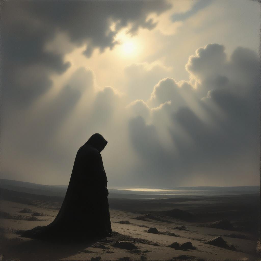 Despondent Figure in Stormy Landscape with Ethereal Light