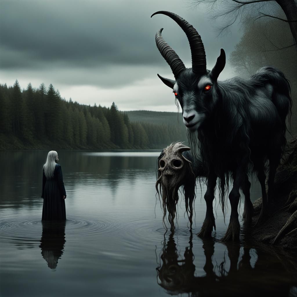 Sinister Goat on Lakeside in Horror Fine Art Style