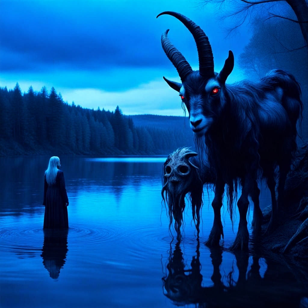 Sinister Goat by Lake Shore Under a Sinister Sky