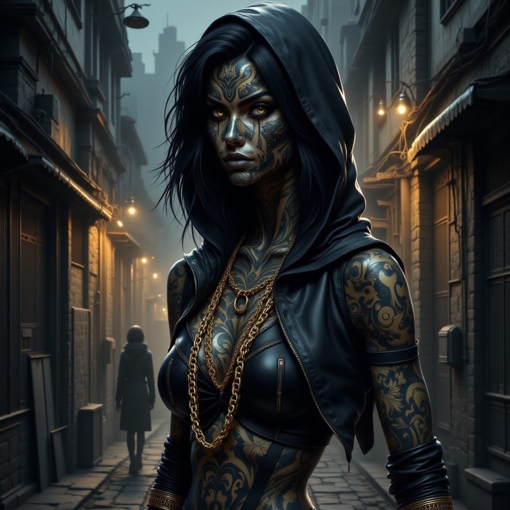 Chicana Tattoo Art in Dark Urban Cityscape