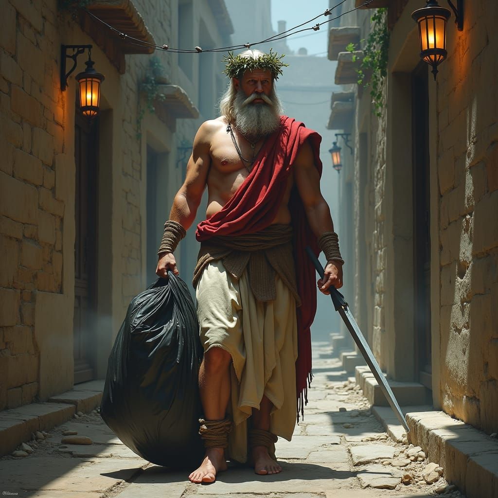 Zeus Takes Out Trash: Dramatic God in Alleyway