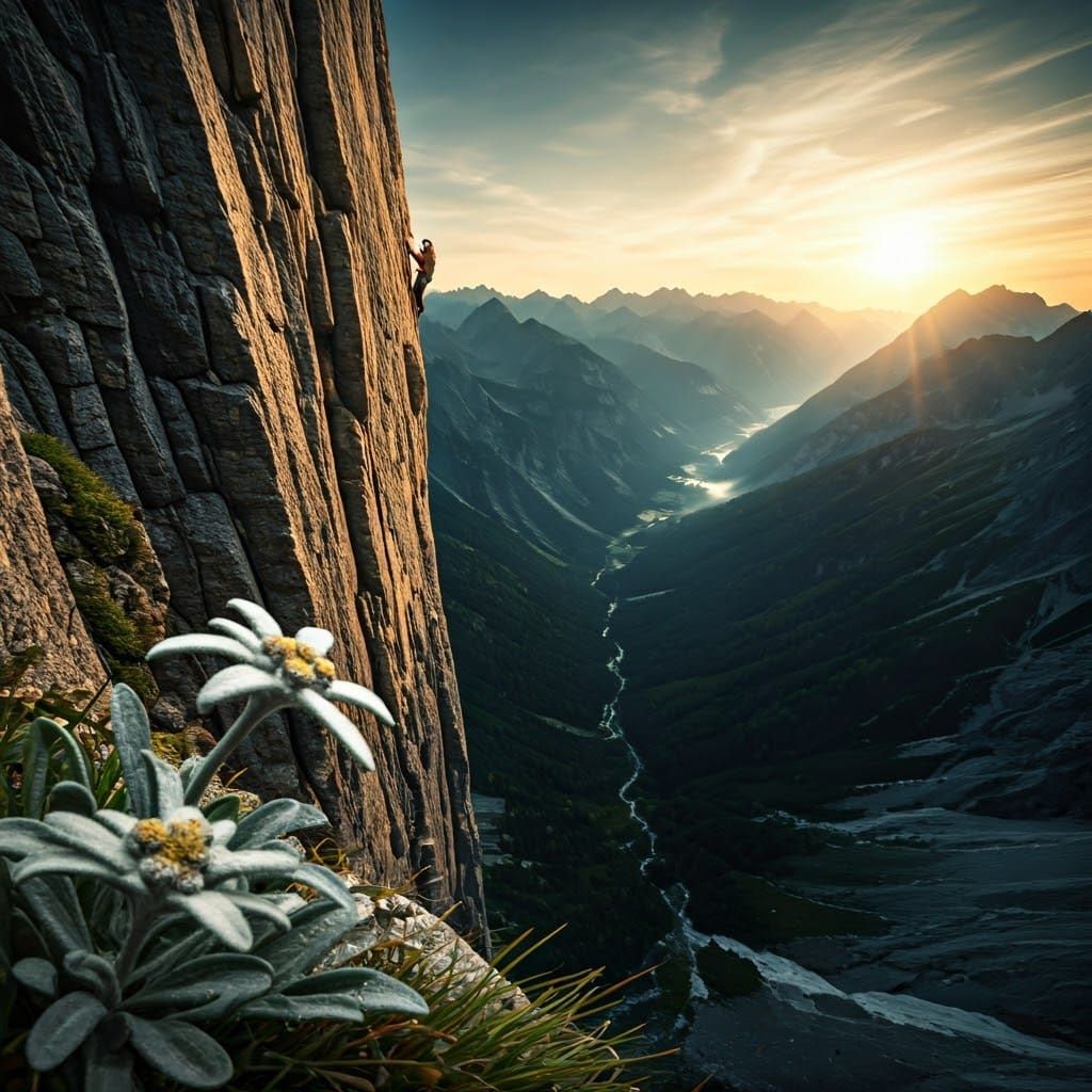 Mountain Cliff Sunset with Edelweiss and Climber
