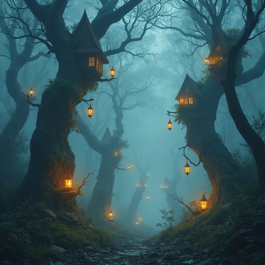 Enchanted Forest with Glowing Lanterns and Hidden Homes