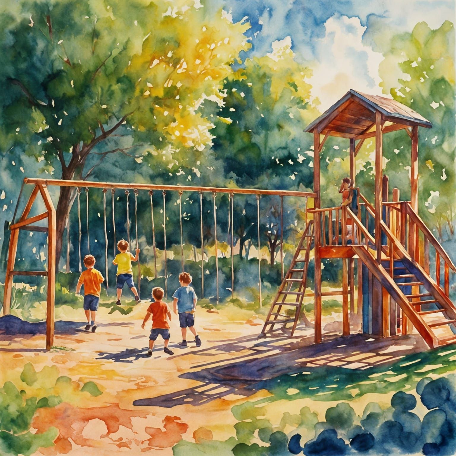 Whimsical Playground Scene in Gouache Masterpiece