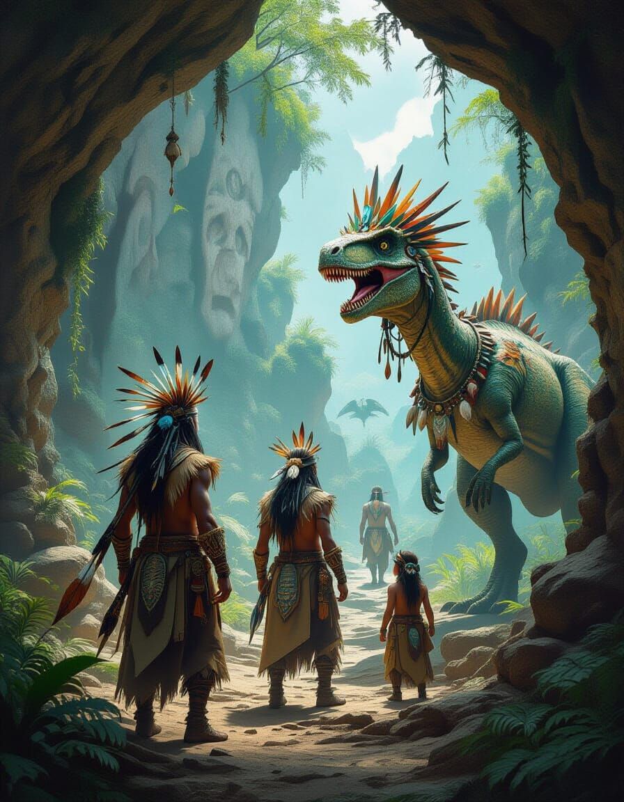Mystical Tribal World of Humans and Dinosaurs
