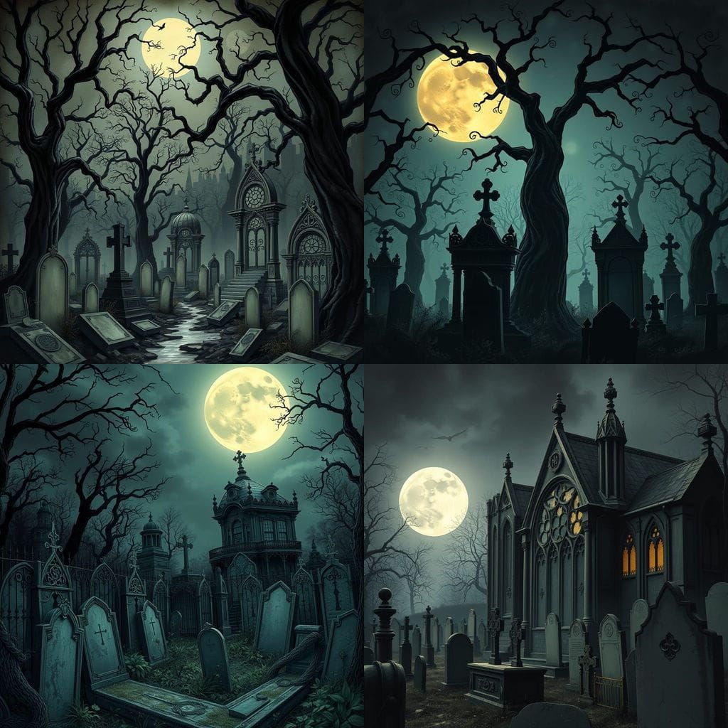 Gothic Nightmare Cemetery Under Art Nouveau Moonlight