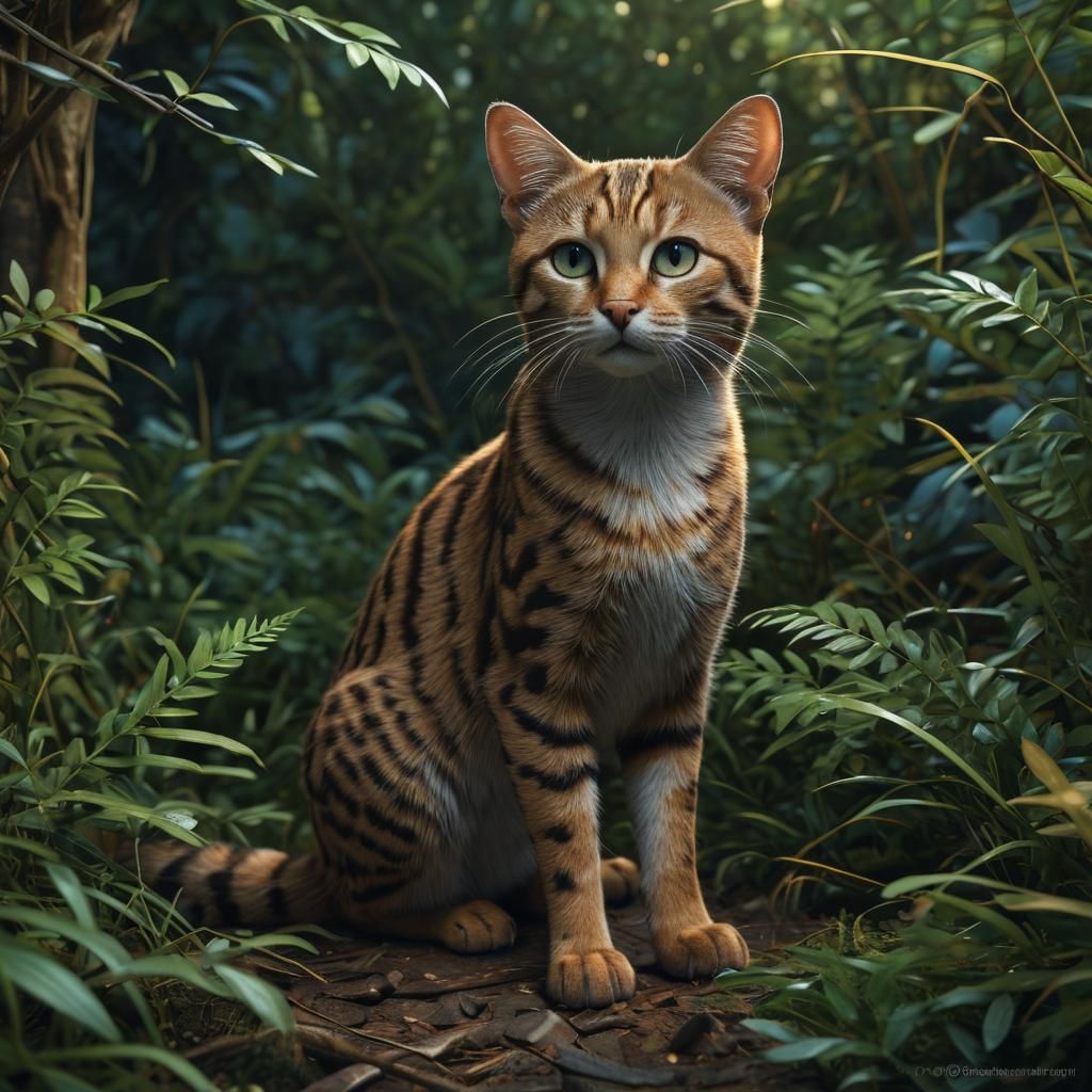 Regal Rusty-Spotted Cat in 3D Forest Rendering