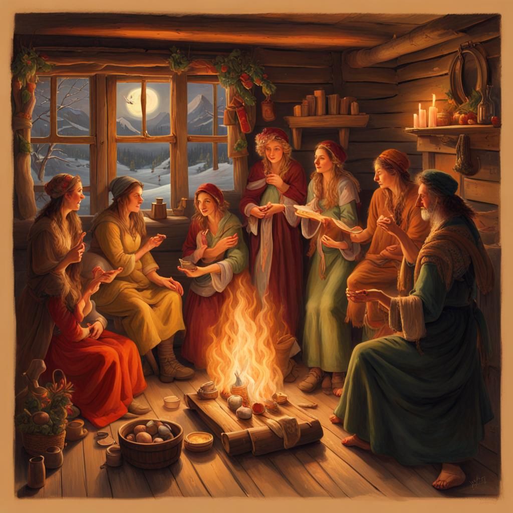 Yule Sabbat Celebration in Cozy Cabin, Anime Style