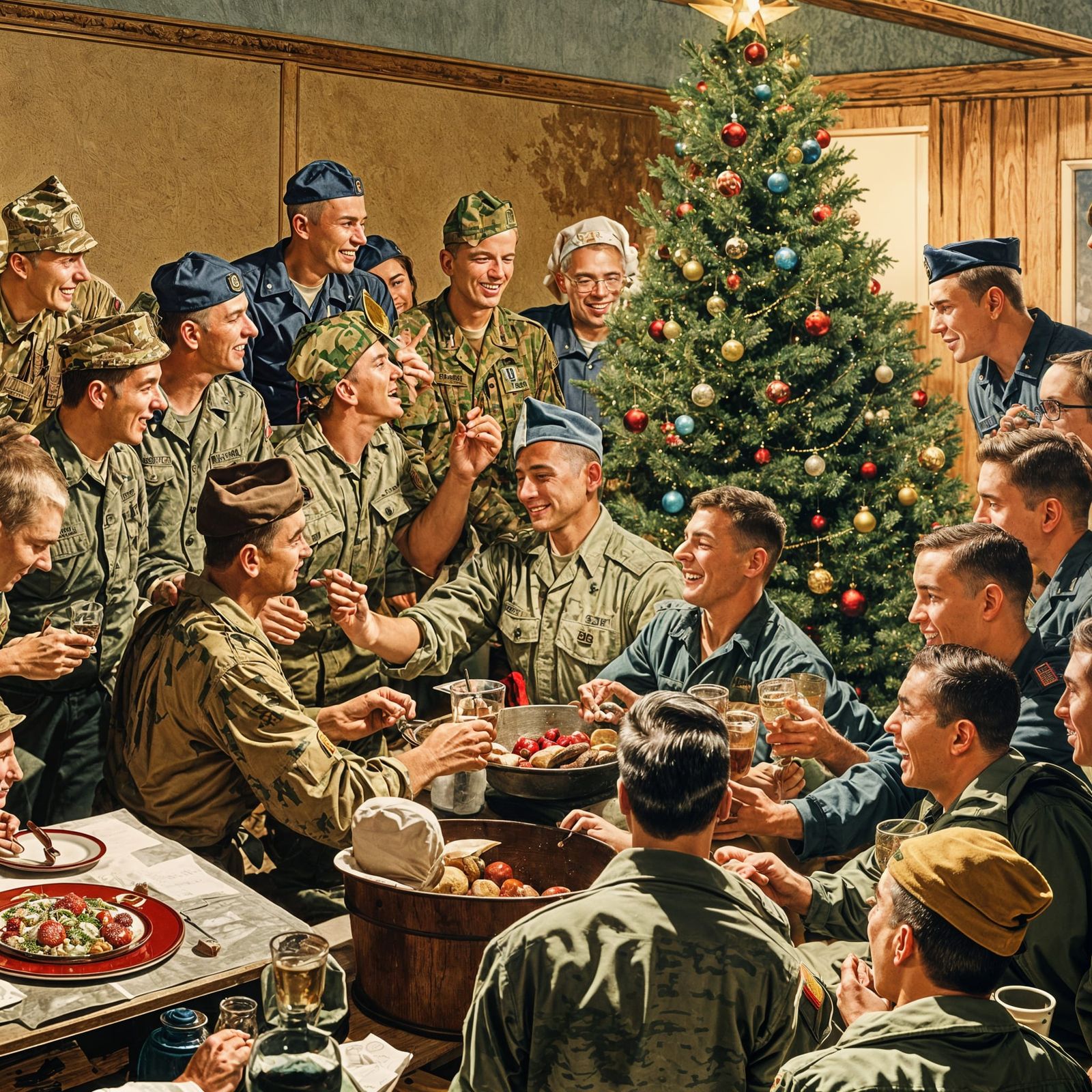 WWII Soldiers Celebrate Christmas as Rockwell Painting