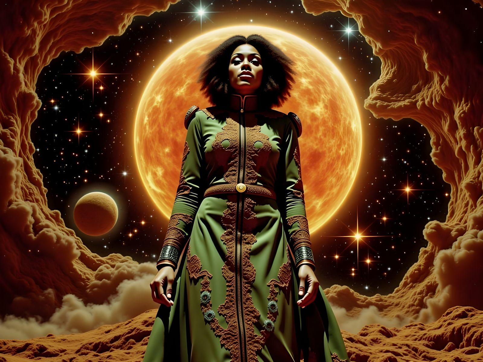 Retro-Futuristic Interstellar Scene in Vintage Style