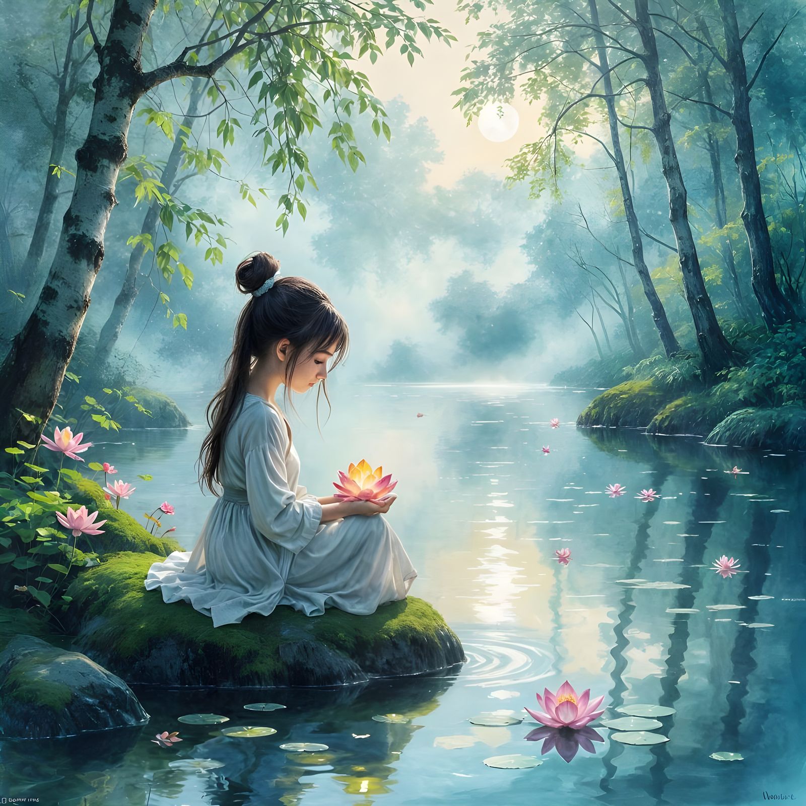 Serene Girl With Glowing Lotus in Ethereal Forest