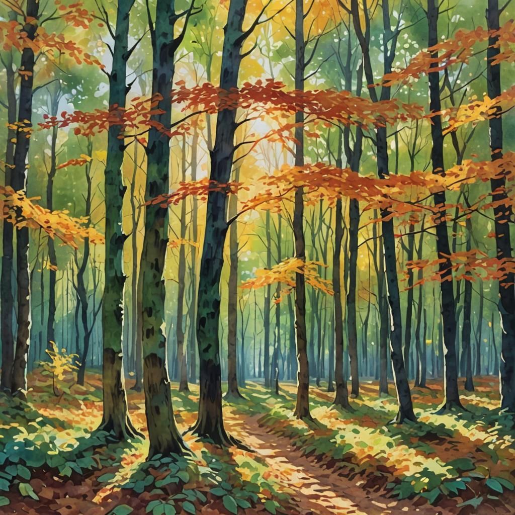 Autumn Forest in Gouache Style with Dappled Sunlight