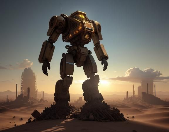 Post-Apocalyptic Scavenger Among Mechanical Titan Ruins