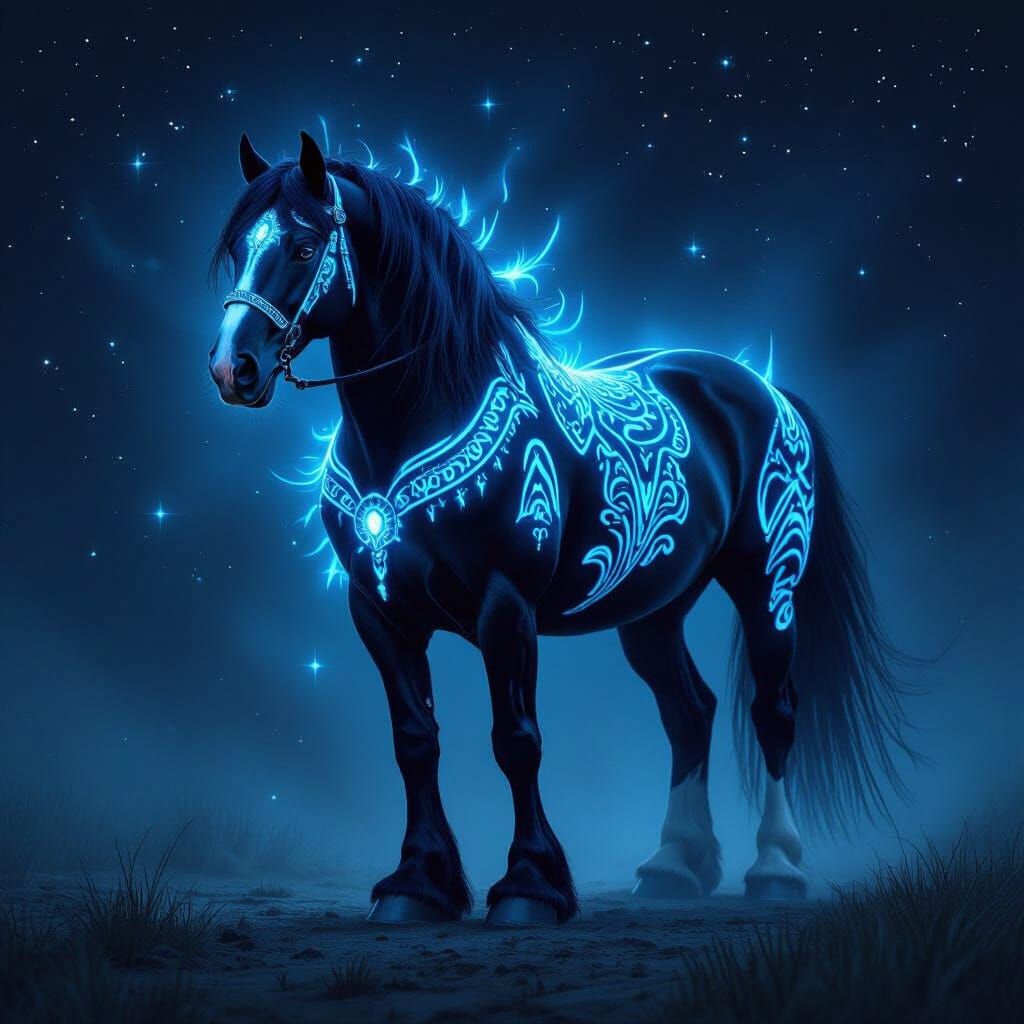 Bioluminescent Clydesdale Horse in Starry Void