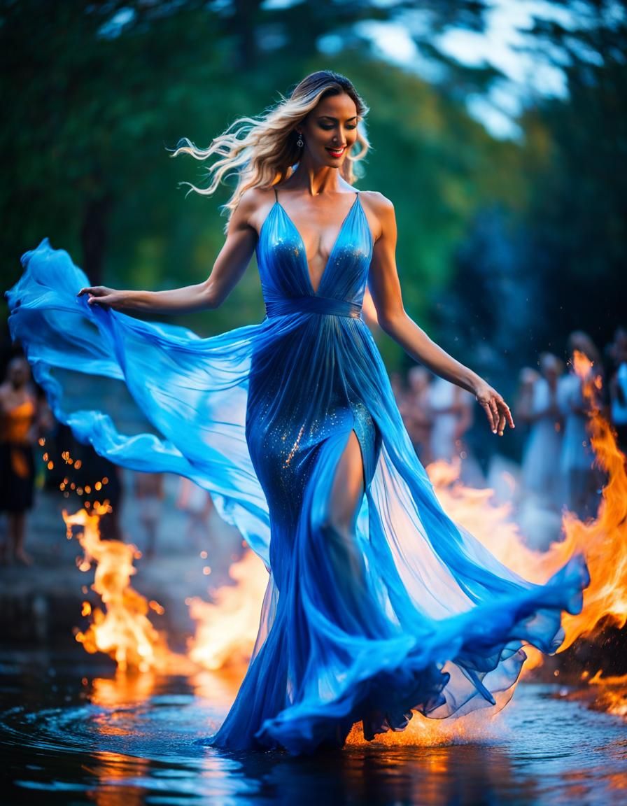 Dancing Woman in Water Dress Surrounded by Fire
