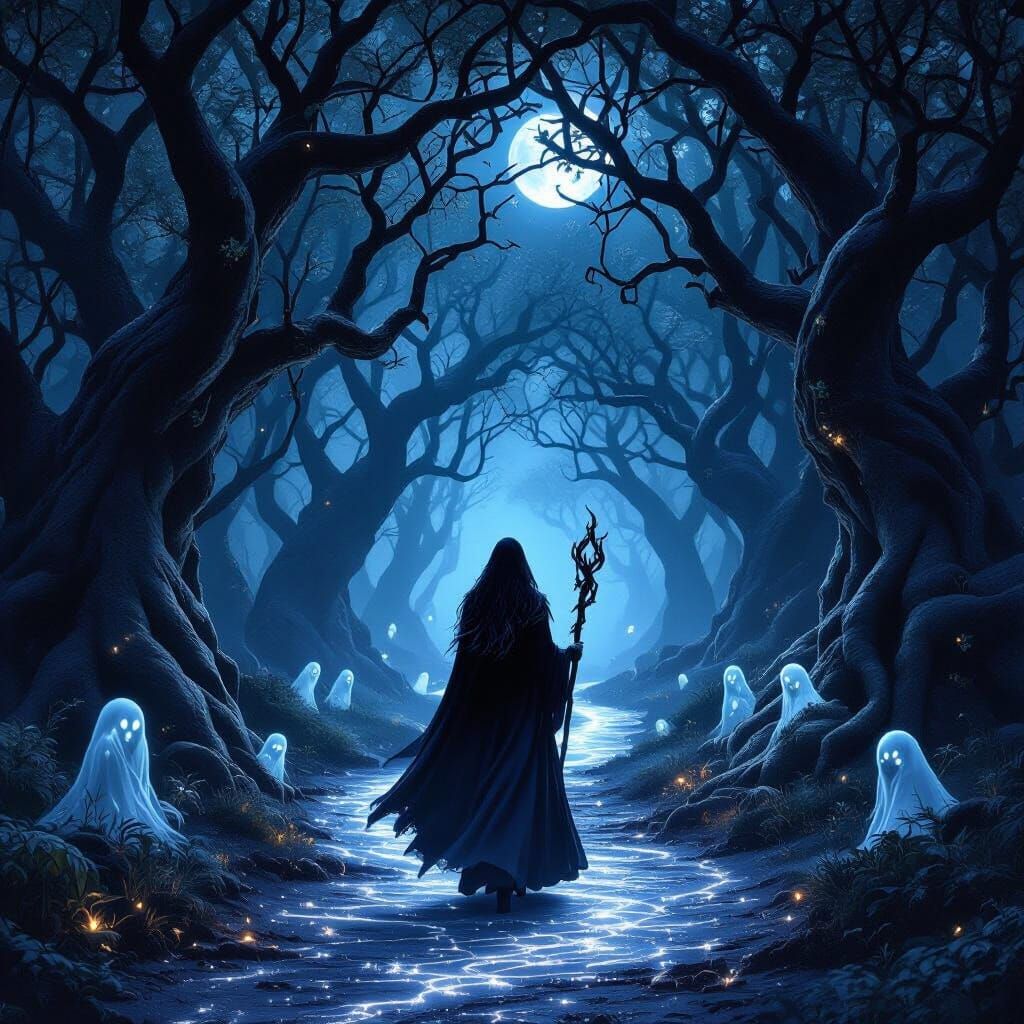 Witch on Glowing Silver Path in Enchanted Forest