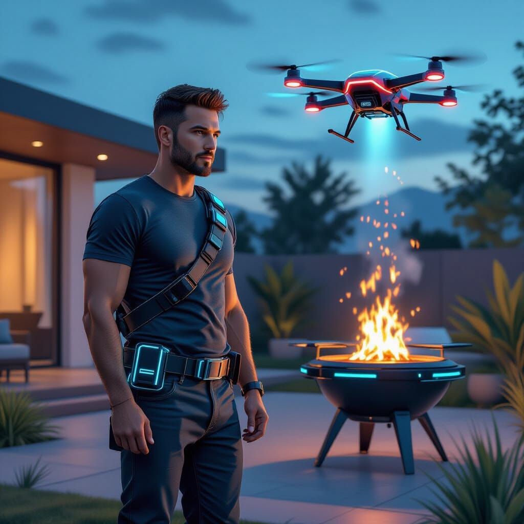 Futuristic Dad with Cyber-Toolbelt and BBQ Drone