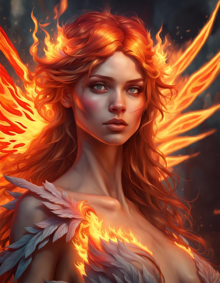 Fiery Fairy Portrait with Flaming Hair and Wings