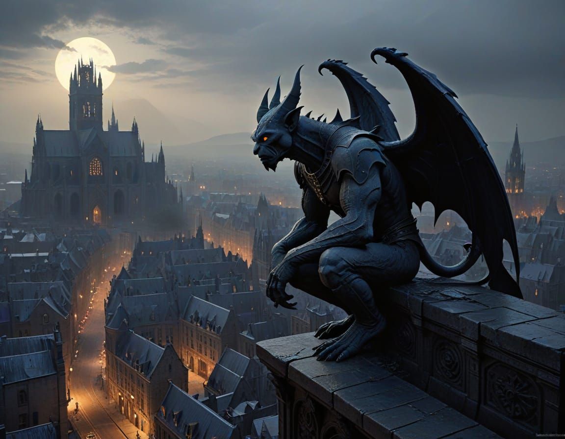 Gargoyle Overlooking City at Twilight, Dark Fantasy Art