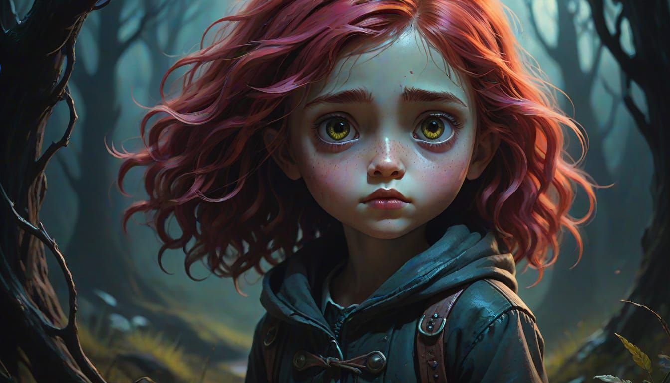 Vibrant Red-Haired Child in a Whimsical, Dark Fantasy World