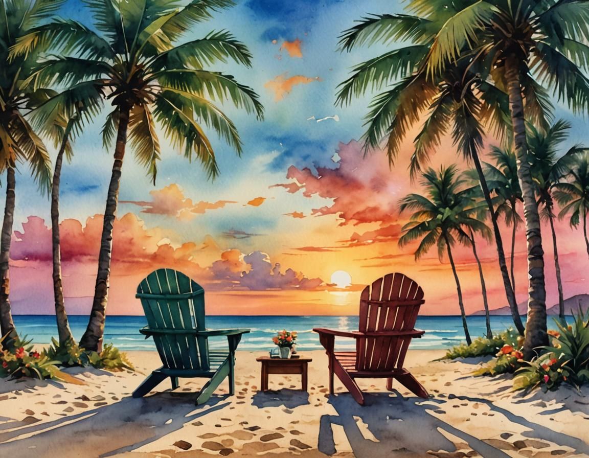 Tropical Beach Sunset Watercolor Painting