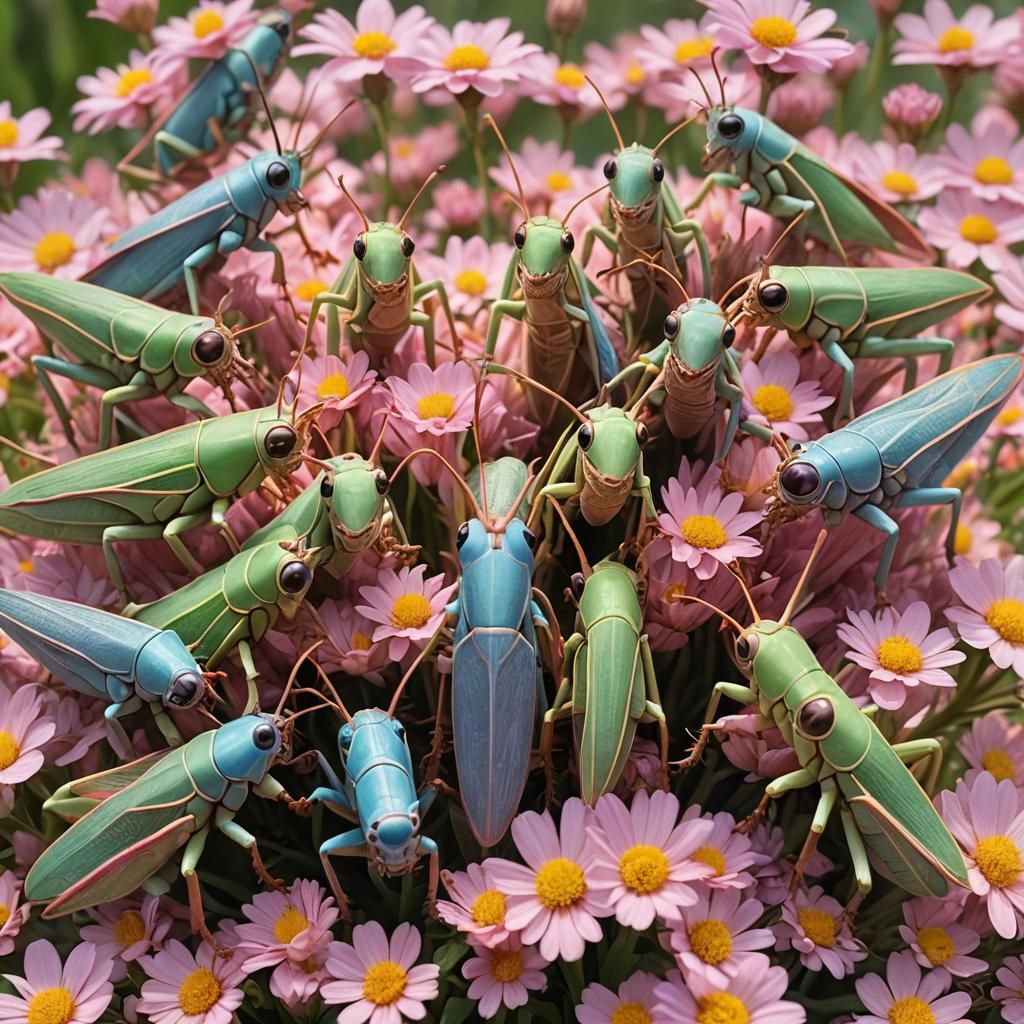 Pastel Grasshoppers with Huge Eyes, 3D Cartoon