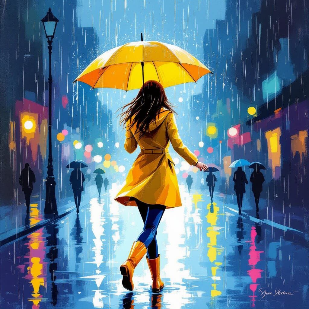 Woman Dancing in Rain, Watercolor Style