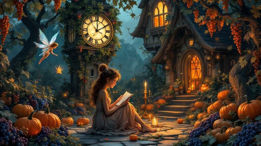 Whimsical Fairy Tale Scene with Clock and Candle